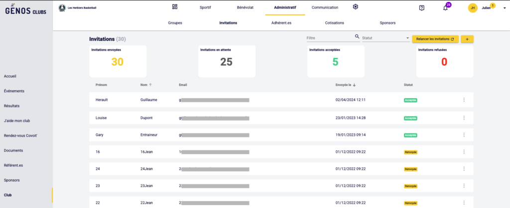Invitation dans ton club sportif - page des invitations Génos Clubs