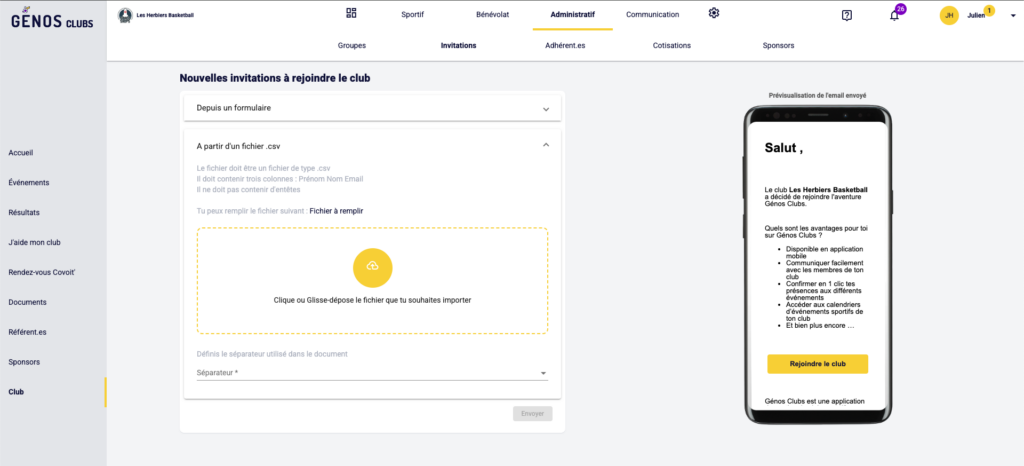 Importer un fichier csv d'inscription - Génos Clubs - Gestion de club sportif